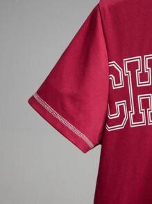 SHEIN Forever 21 男士短款休闲字母衬衫印花酒红色修身 T 恤/夏季 T 恤/休闲/街头服饰/撞色线 - 紅色 - 查看 3