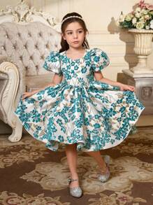 Young Girls Floral Jacquard Cap Sleeve Cute A-Line Dress For Holiday