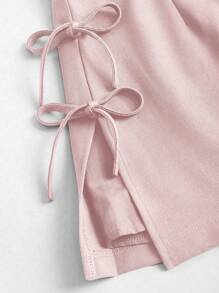 Sweetra A 字形亚麻蝴蝶结腰迷你裙，性感开衩设计，适合女性，春夏季 - 粉色 - 查看 6