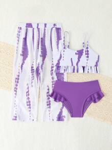3pcs Young Girl Swimwear Set, Printed Design, Separated - Purple - View 5