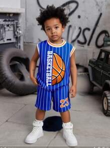 SHEIN Sparklyn 2pcs Young Boy Contrast Stripe & Basketball Print Tank Top And Shorts Set - Blue - View 1