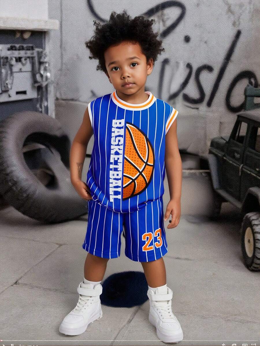SHEIN Sparklyn 2pcs Young Boy Contrast Stripe & Basketball Print Tank Top And Shorts Set - Blue - View 1