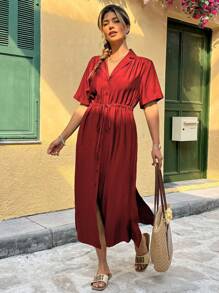 Flirla Plus Size Women's French Style Commuting Elegant Casual Single Bamboo Knot Linen V-Neck Button Shoulder Ruched Waist Drawstring Short Sleeve Ruffle Hem Long Dress, Spring/Summer - Burgundy - View 7