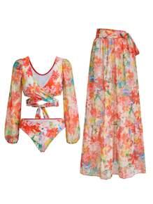 SHEIN Oasis Tropical Floral Print Ruffled 3-Piece Swimwear Set For Summer Beach Vacation - Orange - View 1