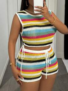 Slaydiva 2025 Spring/Summer New Arrival Vacation Beach Casual Colorful Striped Hollow Out Knit Halter Tank Top + Tied Shorts 2Pcs Women Knit Set - B