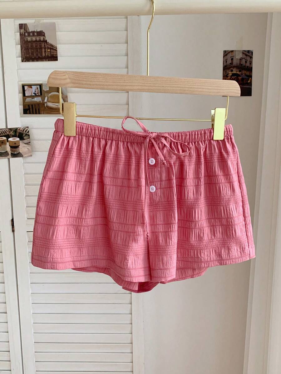 Comfortcana Plus Size Solid Color Front Tie Button Casual Shorts For Spring & Summer - Red - View 1