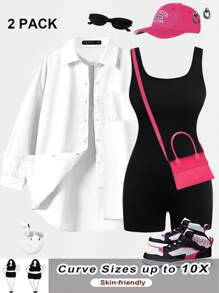 SHEIN CURVE+ 2pcs/Set Plus Size Women Casual Loose Pink Long Sleeve Button-Up Shirt And Black Jumpsuit, Suitable For Valentine's Day, Airport Outfit, Clothing Set, Back To School, Y2K