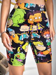 Nick 90s | SHEIN Summer Women's Black Casual Biker Shorts, Cartoon Pattern, For Daily, Going Out, Spring And Summer - Black - View 3