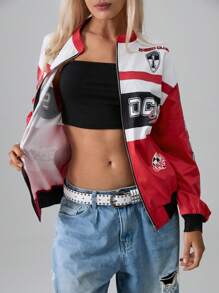 SHEIN Unity Letter Pattern Colorblock Drop Shoulder Bomber Jacket - Red - View 6