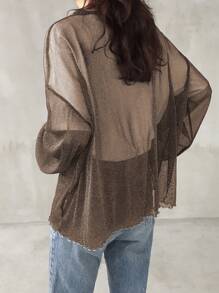 FRIFUL Women's Loose Mesh Overlay Blue Round Neck Blouse, See-Through For Spring/Summer Long Sleeve Women Tops