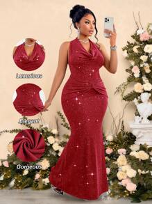 SOLERSUN Women's Solid Color Halter Cowl Collar Sparkly Slim Fit Mermaid Emerald Dress Formal,Suitable For Vacation & Dating - Red - View 1