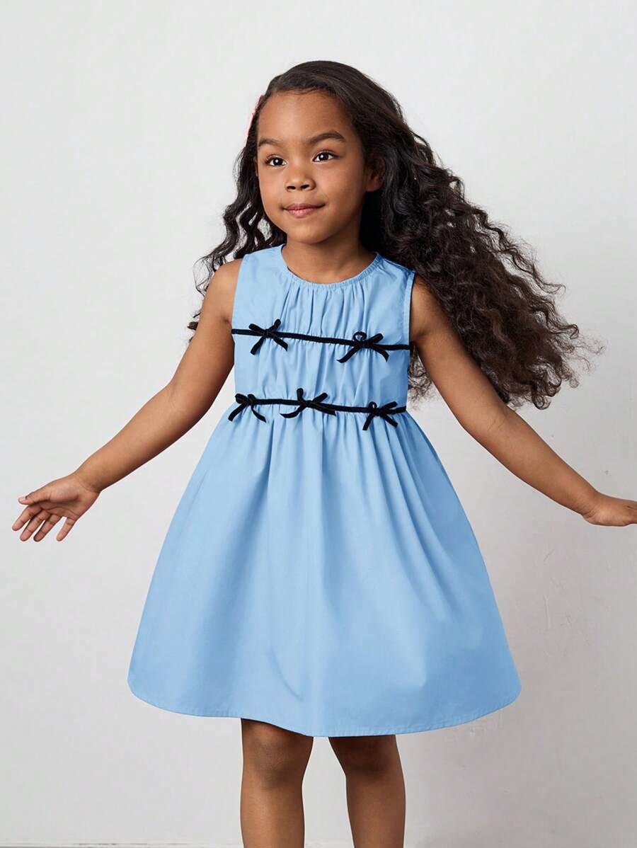 Maija Kids Maija Kids Spring/Summer Young Girl Solid Pink Color Contrast Ruched Design Black Ribbon Bow Decor Sleeveless Minimalist Cute Fashionable High-End Casual Outing Home Holiday Back To School Valentine's Day Versatile A-Line Loose Comfy Dress - Blue - View 1