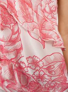 SNOW XUE GAO Pink Floral Printed Ruffle Cascade Chiffon Summer Top Vacation Top Summers Women Break Brunch - Pink - View 8