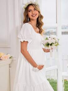 SHEIN Maternity Dress With Ruffle Short Sleeve - White - View 1