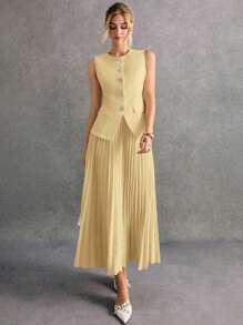 Poéselle 秋冬女士纯色无袖背心和裙子套装（两件套）奶油黄 - 黃色 - 查看 1