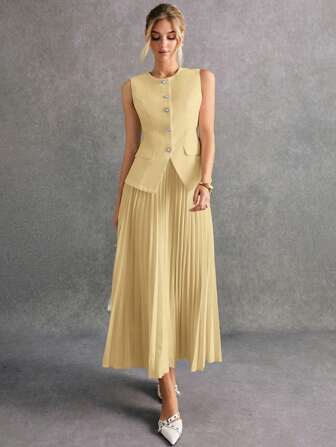 Poéselle 2pcs Women Solid Color Sleeveless Vest & Skirt Suit Set,Butter Yellow In Fall/Winter