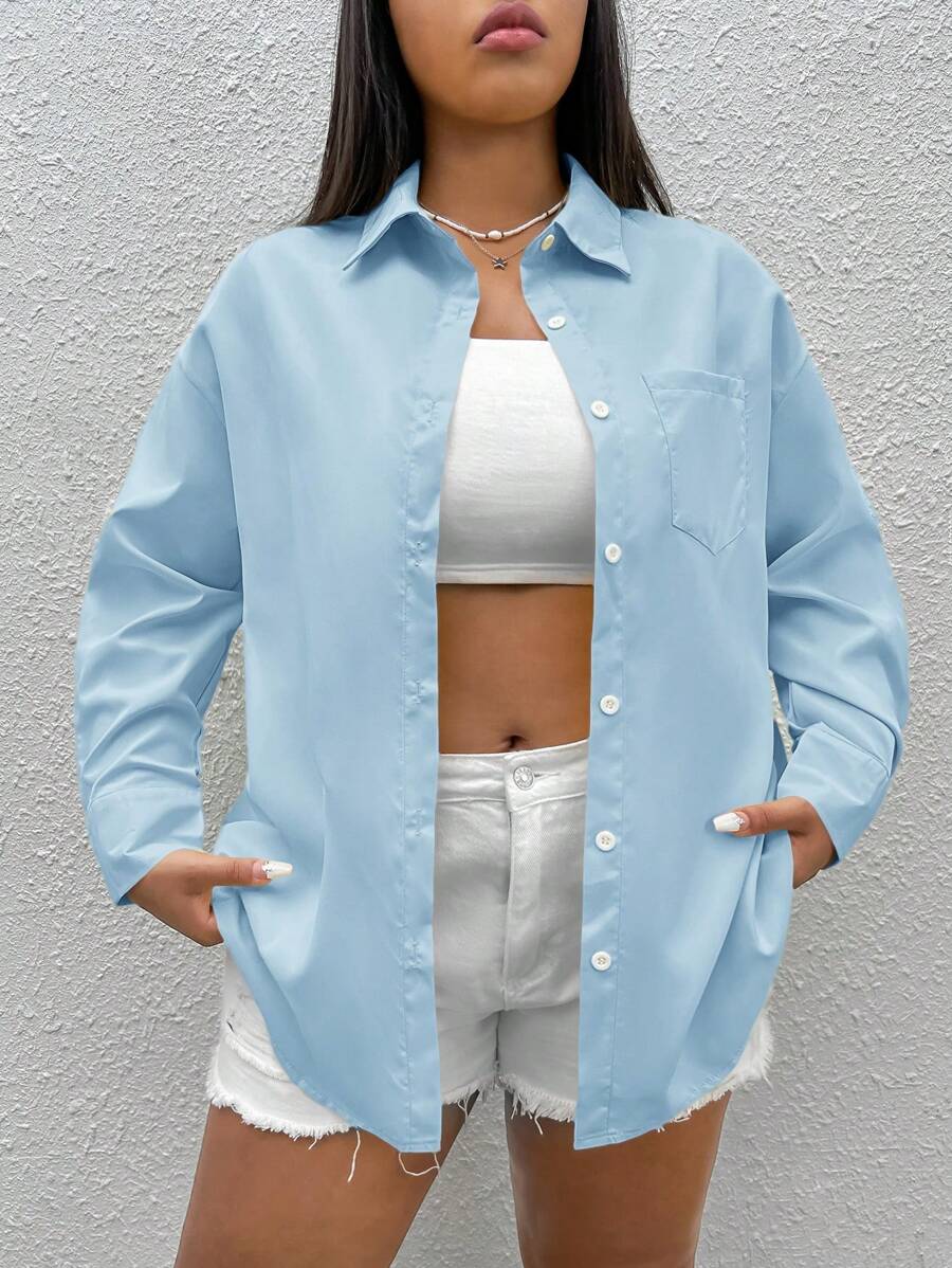 SHEIN EZwear Plus Size Women's Solid Color Drop Shoulder Long Sleeve ...