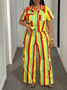 Slaydiva Tuta casual attillata a righe gialle e verdi con camicia e pantaloni, adatta per primavera ed estate - B