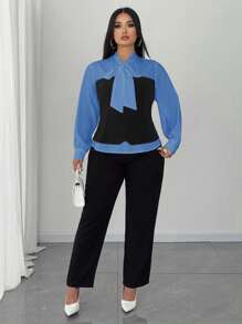 Elenzga 大码女式黑白拼布长袖衬衫