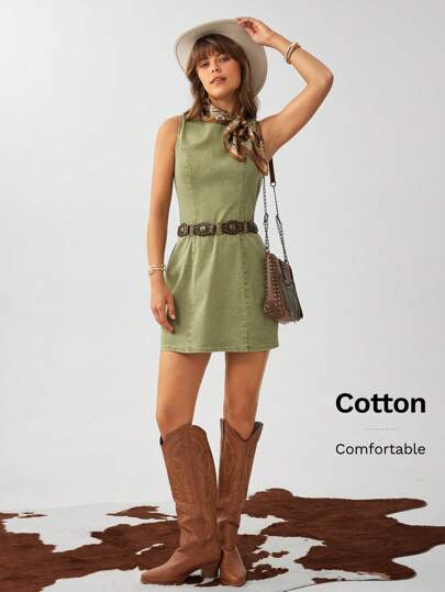 Wildy BOHO Sage Green Dress Western Wear Women Women Sleeveless Round Neck Bodycon Distressed Mini Dress