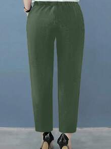 SHEIN LUNE 大码女式常规修身褶皱口袋休闲裤 - 軍綠色 - 查看 2