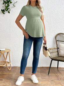 SHEIN 孕妇圆领短袖荷叶边下摆罗纹休闲 T 恤 - 綠色 - 查看 3