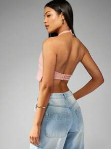 MISSGUIDED Designer Halter Neck Crop Top Bralette With Metal Buckle Detail Summer Festival Party Club Wear Sleeveless Tank Y2K Fashion Statement Piece - Dusty Pink - View 2