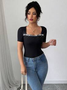 Chiquease Women's Square Neck Rhinestone Decorated Elastic Knit T-Shirt, Spring/Summer