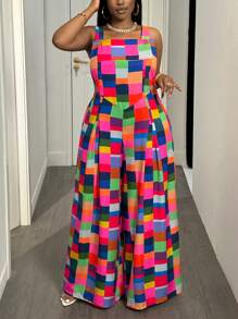 Slaydiva 大码女士休闲甜美格子印花系带阔腿连体裤，适合外出、日常穿着和浪漫