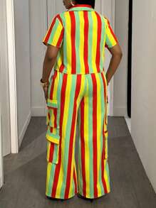 Slaydiva Tuta casual attillata a righe gialle e verdi con camicia e pantaloni, adatta per primavera ed estate - B