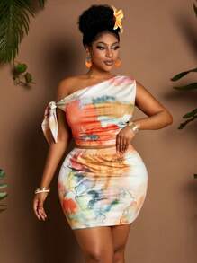 Maweii 大码女式扎染印花不对称上衣和迷你裙两件套，适合夏季 - 彩色 - 查看 1