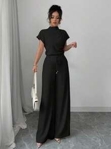 Chiquease 优雅休闲杏色梭织无袖女式衬衫和阔腿杏色梭织裤，两件套女士套装，女士休闲装 - 黑色 - 查看 7