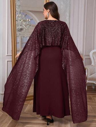 SHEIN Privé 大码女式勃艮第红色浪漫时尚性感紧身连衣裙，适合派对、度假、返校、工作、浪漫约会、婚礼、生日、闪亮斗篷