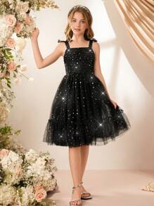 Tween Girls' Off-Shoulder Star Mesh Stitching Party Banquet Wedding Dress, Elegant And - Black - View 6