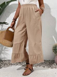 Plus Size Summer Countryside Solid Color Frill Hem Casual Daily Wear Pants - Camel - View 6