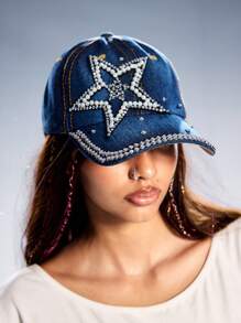 ROMWE Grunge Punk 1pc Women's Fashion Crystal Studded Five-Pointed Star Baseball Cap - Blue - View 1