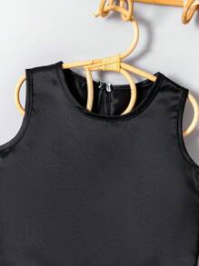 3pcs Toddler Girls' Fancy Spring/Summer Satin Navy Blue Round Neck Sleeveless Top, Geometric & Metallic Print Skirt, And Shawl, Suitable For Party, Wedding, Banquet, Vacation In Summer - Black - View 3