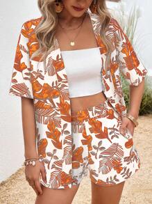 SHEIN LUNE 女士植物印花短袖和服和短裤两件套，休闲假日风格 - 橘色 - 查看 8