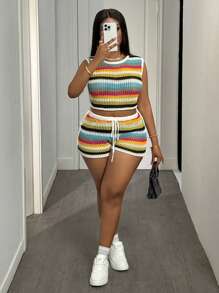 Slaydiva 2025 Spring/Summer New Arrival Vacation Beach Casual Colorful Striped Hollow Out Knit Halter Tank Top + Tied Shorts 2Pcs Women Knit Set - B