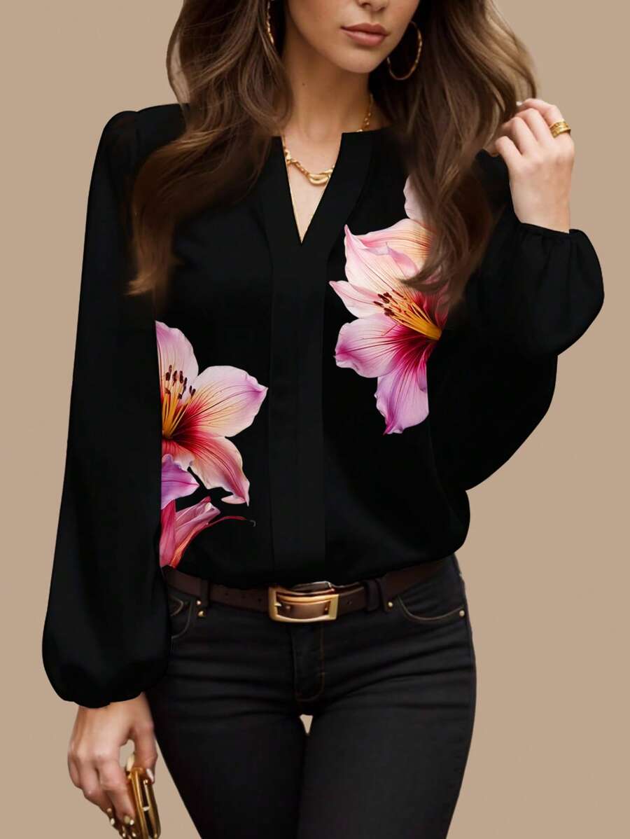 Glamance myriadwaveart Women Black Blouses Long Sleeve Notched Casual Plants Floral Summer Tops Going Out Office Going Out Business Casual Office Fall Day Night Travel Airport Streetwear Blouse, Fall Modest Back To School Work Autumn And Winter Flowy Top Going Out Elegant Blouses New Year Chic Stylish Clothing Collection