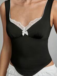 SHEIN EZwear 女士夏季扇形领撞色蕾丝弧形下摆修身黑色吊带背心 - 黑色 - 查看 7