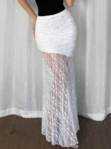 Firerie 女士白色蕾丝不对称下摆高腰半身裙，适合通勤/优雅/性感/度假/海滩/浪漫/约会/情人节/婚礼季演唱会狂欢女裙 - 白色 - 查看 4