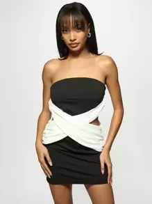 MISSGUIDED Bandeau Mini Dress Cut Out Waist Detail Party Club Night Out Cross-Wrap Bodycon Strapless Evening Clubwear Special Occasion - Black and White - View 1