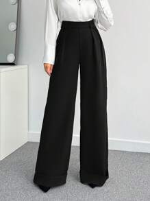 SHEIN 女士纯色高腰阔腿裤 - 黑色 - 查看 5