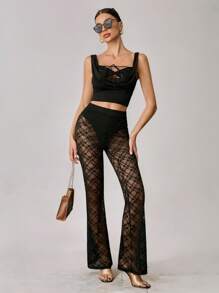 SHEIN Tall Y2K夏季蕾丝三角裤带三角裤防走光透视阔腿裤时尚百搭 - 黑色 - 查看 4