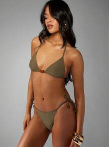 MISSGUIDED 树脂珠侧领带比基尼套装两件套泳装沙滩装可调节巴西切割暑假度假村游泳池海滩（橄榄绿） - 軍綠色 - 查看 5