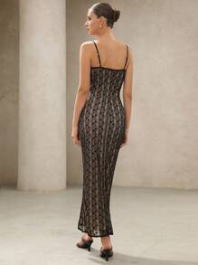 Femmeiva Elegant Sexy Fitted Lace Spaghetti Strap High Split Long Dress   Old Money Style For Summer - Black - View 3