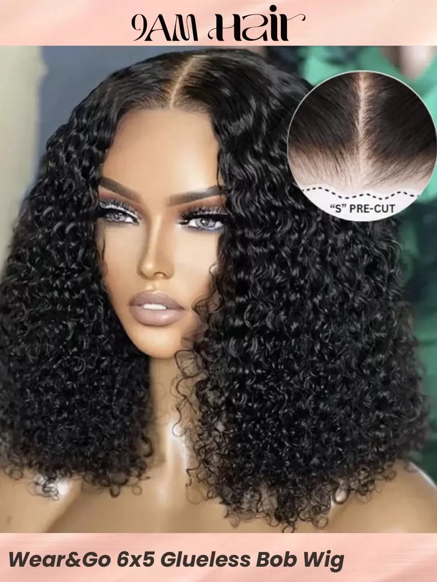 Wear&Go Glueless Bob Wig Curly Human Hair Wigs 6x5 Pre-Cut Lace Pre Plucked 200% Transparent Lace Closure Wigs