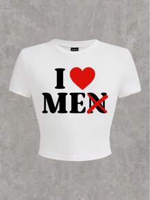 Slaydiva 休闲简约女式露脐T恤/Y2K/夜店/性感/适合夏季/返校/外出/情人节/我爱我自己（男士）文字图案 - 白色 - 查看 5