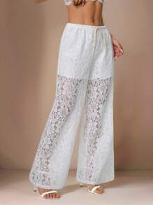 SHEIN PETITE White Lace Hollow Tight Flared Pants (With Lining), Nomadic , Romantic Vacation Casual Retro Style - White - View 4